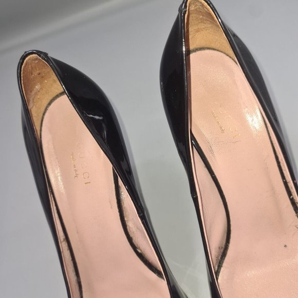GUCCI Horsebit Heels Size UK 5.5 EU 38.5 Black Patent Leather Peep-Toe Stiletto - Picture 8 of 12